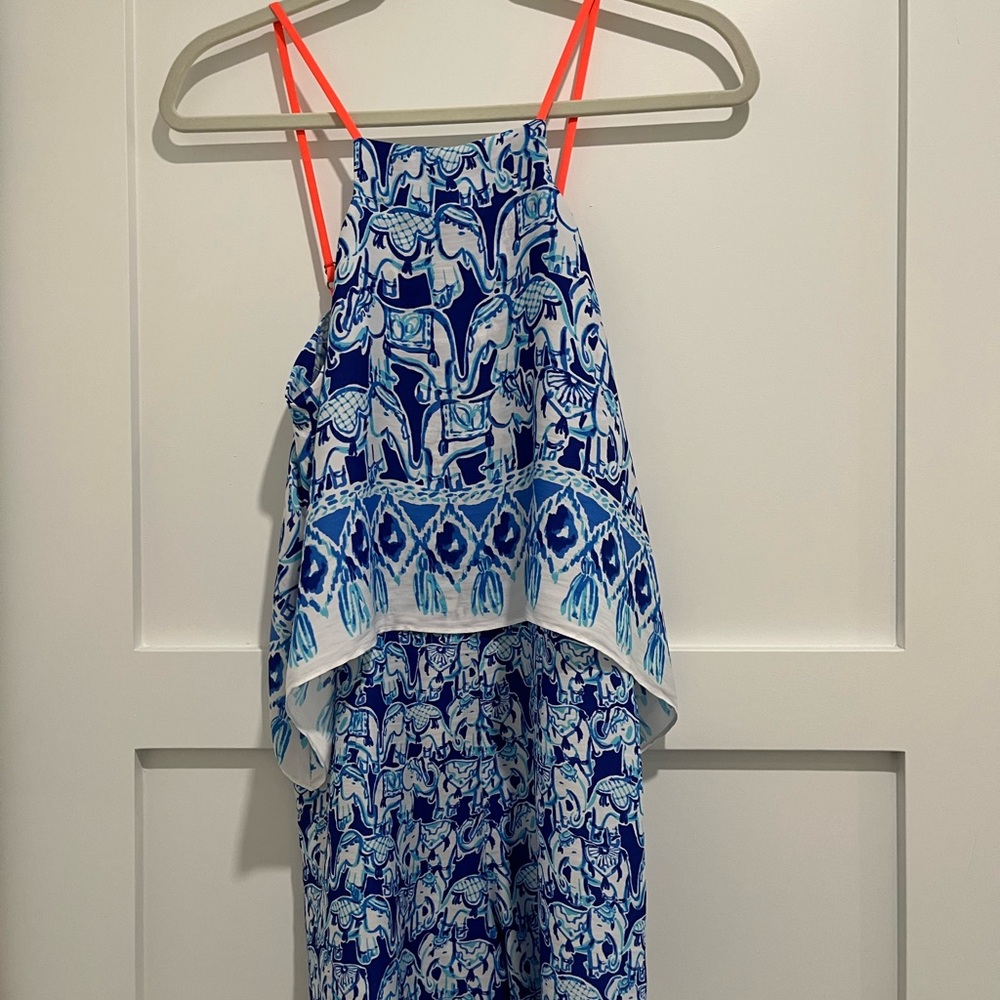Lilly Pulitzer Romper Elephant Blue White Spaghetti Strap Size 0 summer